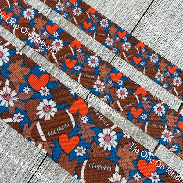 Football Flowers Leaves Hearts on Blue Background Printed Ribbon 5/8" -  7/8" - 1.5"  - Sport Team - Bow - Scrapbook - Football Team - Award