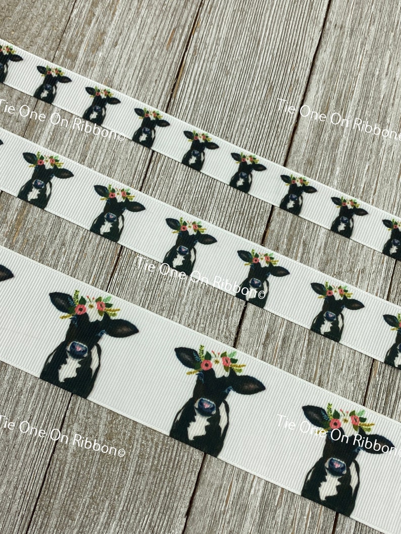 Flower Crown Cow Print Animal Printed Grosgrain Ribbon - 5/8