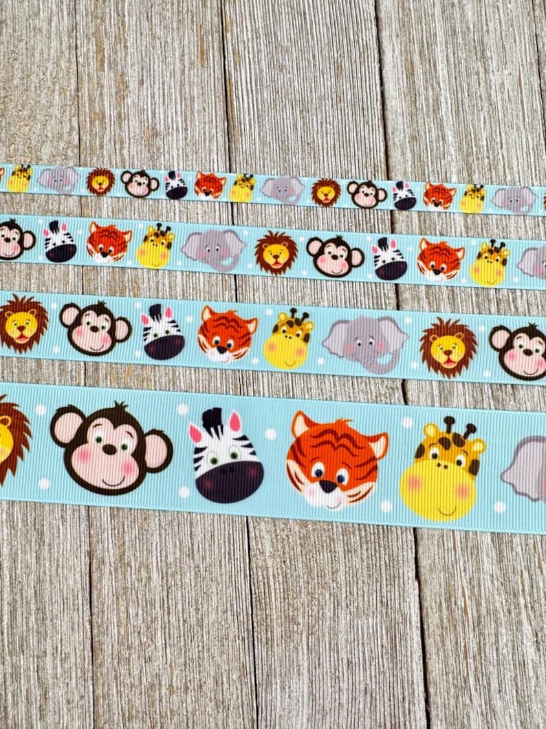 Elephant Monkey Giraffe Zebra Tiger Printed Grosgrain Ribbon - 3/8