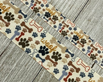 Woof! Dog Paw Prints & Bones On Cream Printed Grosgrain Ribbon - 7/8" - 1.5"- Sew - Craft - Bow - Collar - Leash - Bow - Wrap