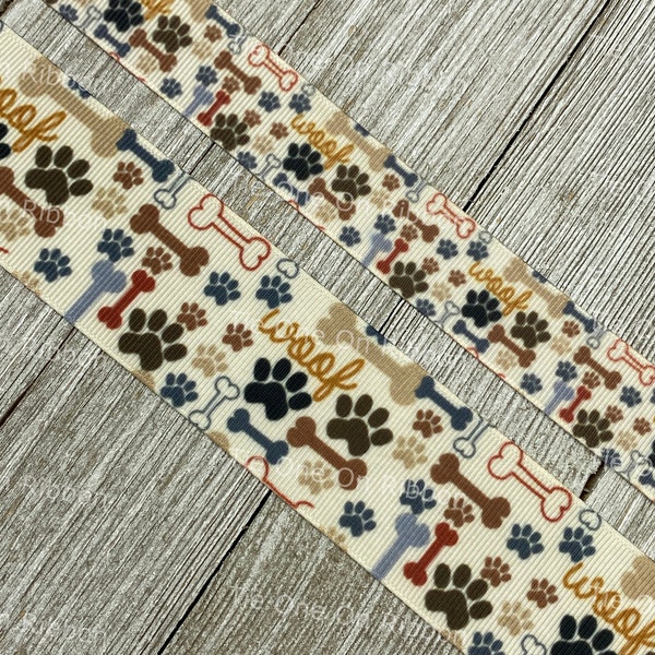 Woof! Dog Paw Prints & Bones On Cream Printed Grosgrain Ribbon - 7/8" - 1.5"- Sew - Craft - Bow - Collar - Leash - Bow - Wrap