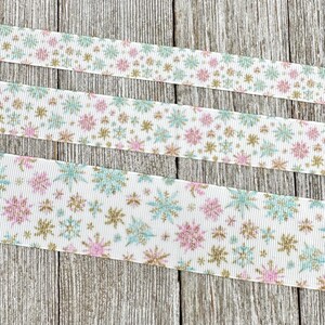 Pastel Winter Snowflakes Printed Grosgrain Christmas Ribbon: 5/8", 7/8", 1.5" - Winter Princess, Gift Wrap, Hair Bow, Dog Collar image 2