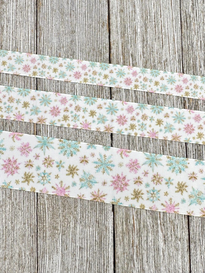 Pastel Winter Snowflakes Printed Grosgrain Christmas Ribbon: 5/8", 7/8", 1.5" - Winter Princess, Gift Wrap, Hair Bow, Dog Collar image 2
