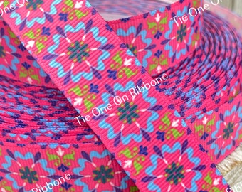 Lot 1 Pink And Turquoise Geometric Floral Diamonds Design Printed Grosgrain Ribbon - 7/8" - Sew - Craft - Decor - Hair Bow - Trim - Wrap