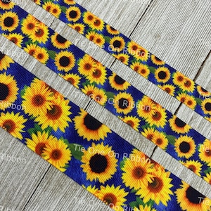 Large Yellow Sunflowers on Indigo Denim  Blue Background Printed Grosgrain Ribbon - 5/8&quot; - 7/8&quot; - 1.5&quot; - Sew - Craft - Decor - Bow - Wreaths