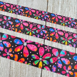 Brightly Blended Flowers Flower Power Floral Printed Grosgrain Ribbon - 5/8&quot; - 7/8&quot;m- 1.5&quot; - Sew - Craft - Decor - Bow - Lanyard - Key Fob