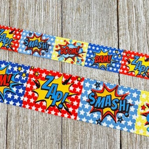 Comic Book Superhero Words Prints Grosgrain - 7/8&quot; - 1.5&quot; - Sew - Craft - Decor - Party - Costume - Bow - Printed Ribbon - Birthday