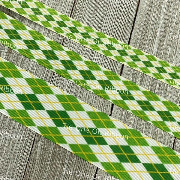 Green, White, Yellow Argyle Plaid Printed Grosgrain Ribbon -  5/8 - 1 - 1.5 Inch - Sewing - Craft - Decor - Costume - Bow - Party