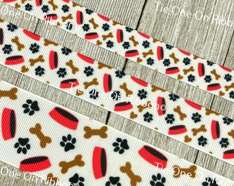 Black Dog Bones Red Dog House & Paw Prints White Printed Grosgrain Ribbon  - 5/8" - 7/8" - 1.5" - Sew - Craft - Collar - Bow - Treat Tag -