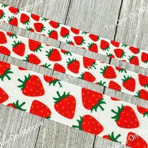 Red Strawberries on White Printed Grosgrain Ribbon -  5/8&quot; - 7/8&quot; - 1.5&quot; Wide - Sewing - Crafting - Decorating - Bows - Collar