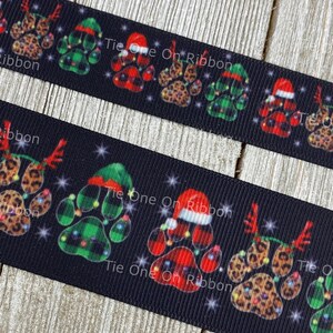 Festive Holiday Dog Paw Prints Lit Up On Black Background Printed Grosgrain Ribbon 7/8 1.5 Sew Craft Decor Collar Leash image 4