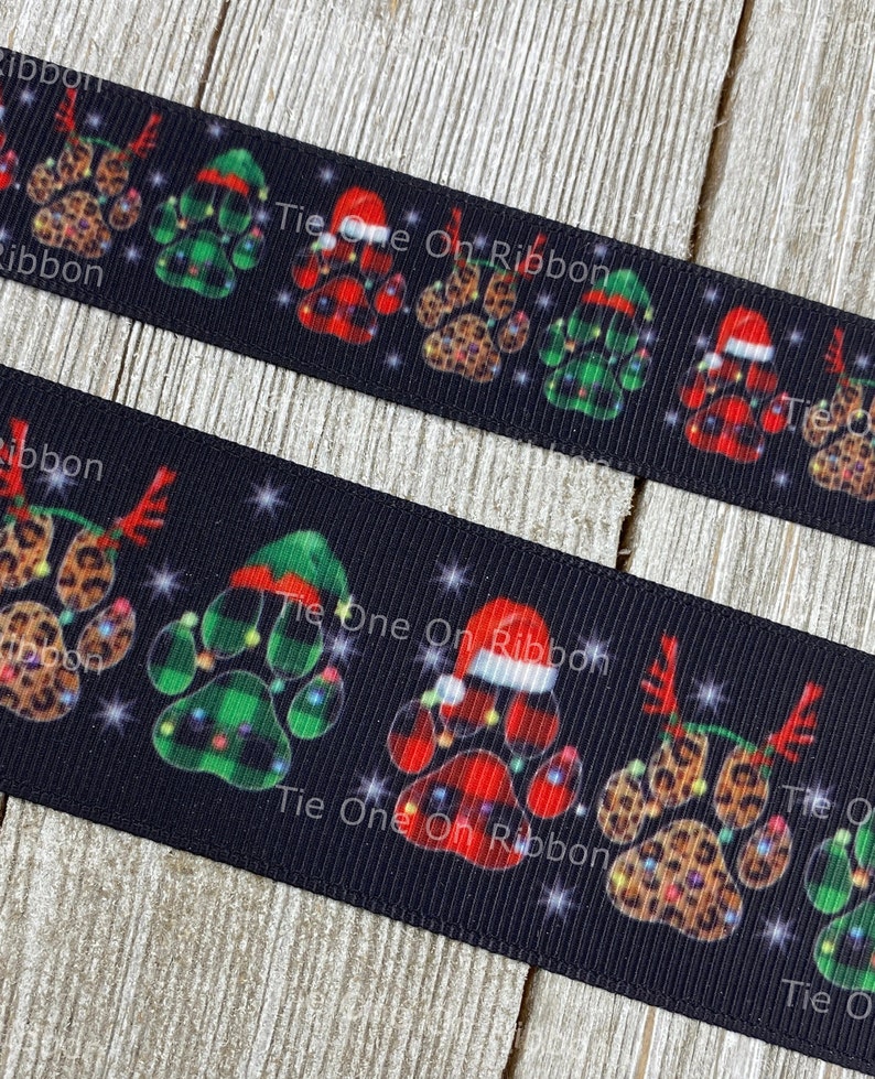 Festive Holiday Dog Paw Prints Lit Up On Black Background Printed Grosgrain Ribbon 7/8 1.5 Sew Craft Decor Collar Leash image 4