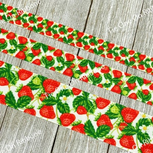 Red Strawberries on White Printed Grosgrain Ribbon -  5/8&quot;- 7/8&quot; - 1.5&quot; - Sew - Craft - Bow - Wrap - Hair Ribbon - Jam - Fruit - Gift Wrap