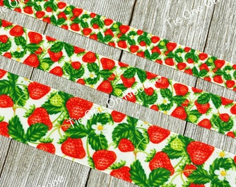 Red Strawberries on White Printed Grosgrain Ribbon -  5/8"- 7/8" - 1.5" - Sew - Craft - Bow - Wrap - Hair Ribbon - Jam - Fruit - Gift Wrap