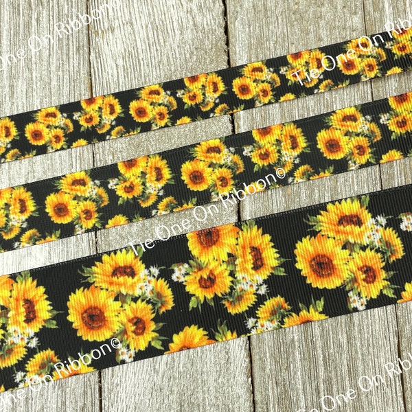 Sunflowers on Black Printed Grosgrain Ribbon - 5/8 - 7/8 - 1 - 1.5 In. - Sewing - Crafting - Decorating - Hair Bow - Lanyard