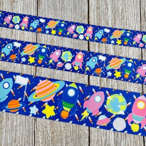 Space Rocket Outer Space Planets, Stars Printed Grosgrain Ribbon - 5/8 - 7/8 - 1.5 Inch - Sew - Craft - Decor - Nursery - Bow