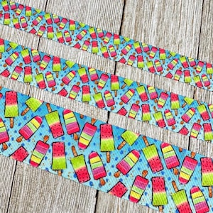 Summer Popsicles Ice Treats On Dotted Blue Printed  Grosgrain Ribbon - 5/8&quot; - 7/8&quot; - 1.5&quot; - Craft - Decor - Summer - Popsicle - Ice Cream