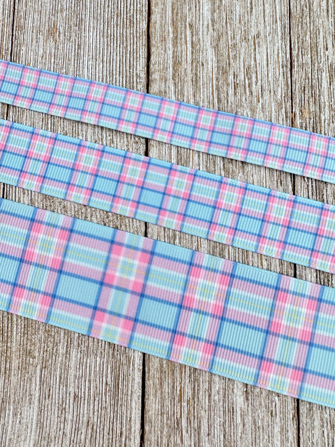 Pink Plaid Pattern Ribbon Pastel Pink & Blue Plaid Printed Grosgrain Ribbon - 5/8