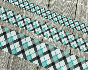 Blue Aqua Teal and Black Plaid Print Grosgrain Ribbon - 5/8" - 7/8" - 1" - 1.5" - Sew - Craft - Decor - Collars - Lanyards