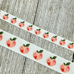 Peaches On White Background Fruit Printed Grosgrain Ribbon - 3/8” - 5/8" - Craft - Bow - Lanyard - Canning Labels - Jam Jars - Gift Wrap