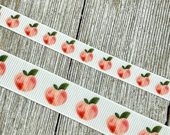 Peaches On White Background Fruit Printed Grosgrain Ribbon - 3/8” - 5/8" - Craft - Bow - Lanyard - Canning Labels - Jam Jars - Gift Wrap