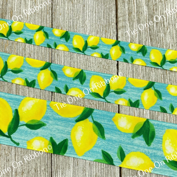 Large Yellow Lemons on Streaky Blue Background Grosgrain Ribbon - 5/8" - 7/8"' - 1.5" - Sewing - Crafting - Decor - Bow - Key Fob - Wreath