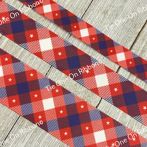 Patriotic Plaid with Stars Printed Grosgrain Ribbon -  5/8&quot; - 1&quot; - 1.5&quot; - Sewing - Crafting - Decor - Luggage  Tags - Decor - Wrap - Wreath