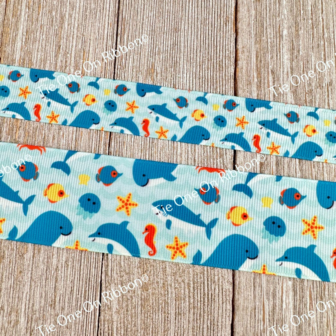 Dolphin Whale Fish Ocean Print Grosgrain Ribbon 7/8 1.5 Sew Craft Decor ...