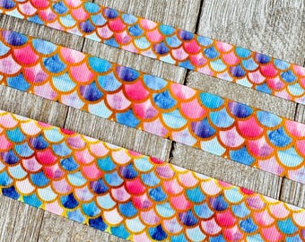 Bright Large Mermaid Scales Printed Grosgrain Ribbon -  5/8" - 1" - 1.5"  - Sew - Crafting - Decorating - Hair Bow - Tag