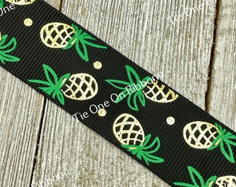 Gold Foil Pineapples Printed on Solid Black Grosgrain Ribbon - 1" -  Sew - Craft - Bows - Wreath - Collars - Tag - Wrap - Hair Bow - Collar