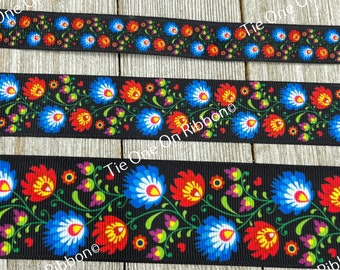 黒地に赤と青のメキシコ花柄グログランリボン - 5/8インチ - 1インチ