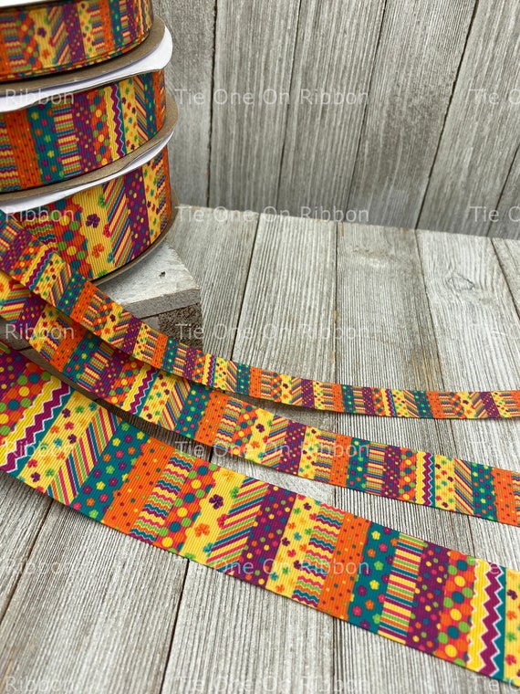 Rainbow Stripes in primary colors printed on 7/8 grosgrain ribbon, 10 Yards