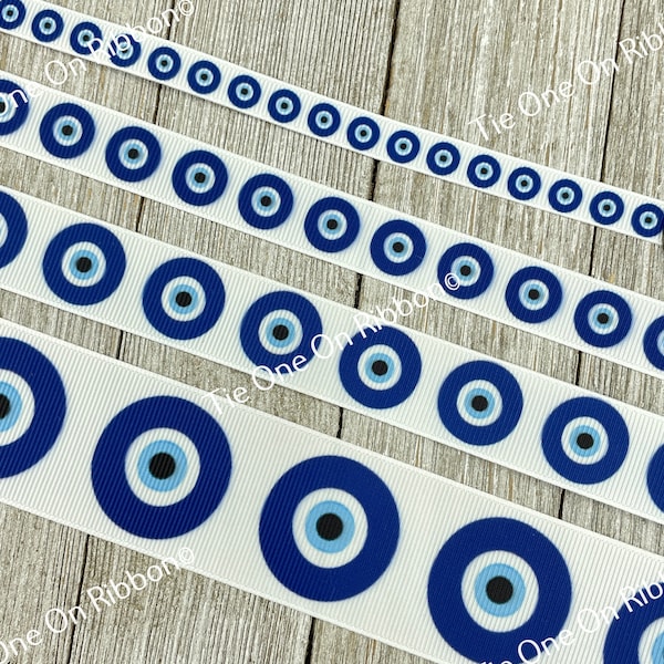 Blue Evil Eye Talisman Printed Grosgrain Ribbon - 3/8" - 5/8" - 7/8" - 1.5" - Sew - Craft - Collar - Bow - Gift Wrap - Party - Tag - Luck