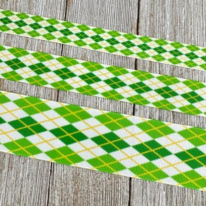 Green, White, Yellow Argyle Plaid Printed Grosgrain Ribbon: 5/8", 1"' 1.5", Sewing - St. Patrick's Day Ribbon
