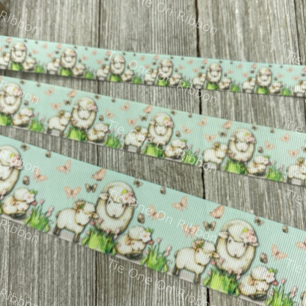 SALE! 5 Yards Sheep With Flowers and Butterflies Grosgrain Ribbon -  5/8 - 1 - 1.5 Inch - Sewing - Crafting - Decorating - Nursery - Shower