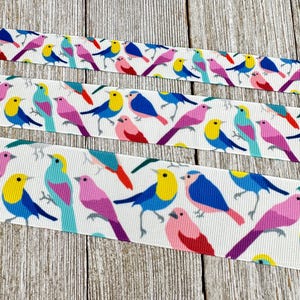 Colorful Birds Printed Grosgrain Ribbon - 5/8&quot; - 7/8&quot; - 1&quot; &  1.5&quot; Wide - Sewing - Crafting - Decorating - Scrapbook - Bow