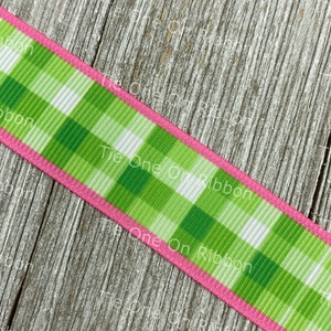 Green Plaid with Pink Edges Printed Grosgrain Ribbon -  7/8" - Sewing - Crafting - Decorating - Bow Supplies - Gift Wrap - Tags -Shower