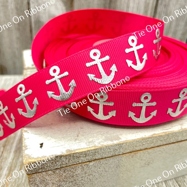 Silver Foil Shining Anchors Printed on Solid Hot Pink Grosgrain Ribbon -  7/8" - Sew - Craft - Decor - Nautical - Party - Sailing - Boat