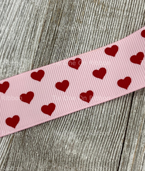 Red Hearts Printed on Pink Grosgrain Ribbon 1 Inch Sewing Crafting  Decorating Valentine Scrapbook 