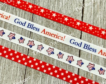 3/8" - Choice of Patriotic Printed Grosgrain Ribbon - Printed Grosgrain - Sew - Craft - Hair Ribbon - Printed Ribbon - Streamers - Gift Wrap