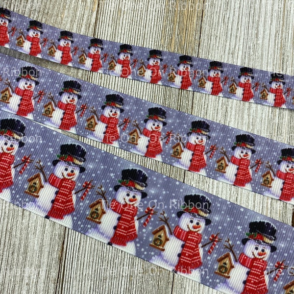 Winter Snowman With Red Scarf and Birdhouse Printed Grosgrain Ribbon - 5/8 - 1 - 1.5 Inch - Sewing - Crafting - Decor - Bows