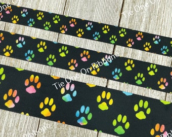 Colorful Dog Paw Prints On Black Printed Ribbon Grosgrain - 5/8" - 7/8" - 1.5" - Sew - Craft - Bow - Collar - Tag - Lanyard - Gift Wrap