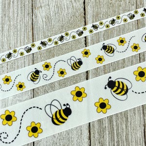 Yellow Flowers Bumble Bee Animal Printed Grosgrain Ribbon - 3/8&quot; - 5/8&quot; - 7/8&quot; - 1.5&quot; - Sew - Craft - Bows - Collar - Wreath - Wrap - Tag