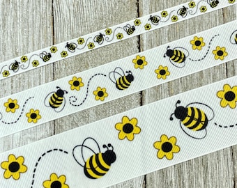 Yellow Flowers Bumble Bee Animal Printed Grosgrain Ribbon - 3/8" - 5/8" - 7/8" - 1.5" - Sew - Craft - Bows - Collar - Wreath - Wrap - Tag