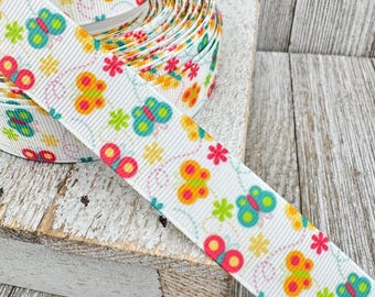 Sale! 5 Yards Bright Butterfly Print Grosgrain Ribbon - 7/8" - Sewing - Crafting - Decorating - Bow - Party - Hair Ribbon - Butterflies