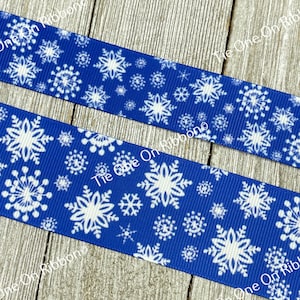 Bright Blue and White Winter Snowflakes Printed Grosgrain Ribbon - 1&quot; - 1.5&quot; - Sew - Craft - Gift Wrap - Bow - Party Favor - Tag - Wrap