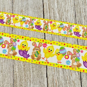 SALE! 5 Yards Easter Bunnies and Chicks With Colorful Eggs Printed Grosgrain Ribbon - 7/8" - 1.5" - Hair Bow - Craft - Decor - Easter Basket