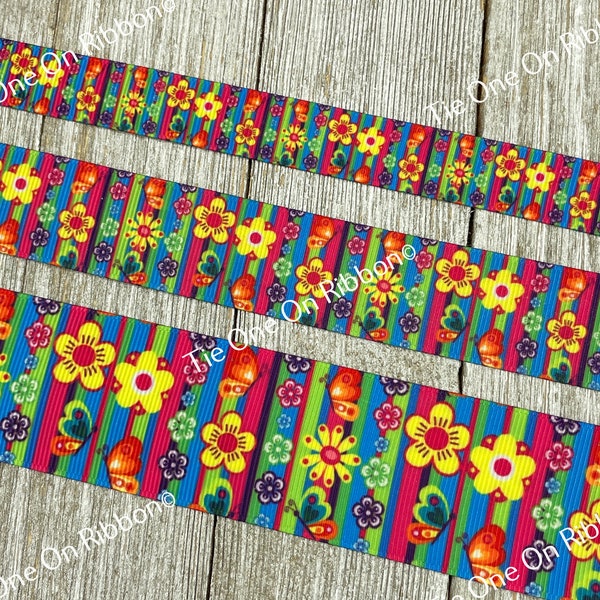 SALE! 5 Yards  Colorful Flowers and  Butterflies Printed Grosgrain Ribbon - 5/8" - 1" - 1.5" - Sew - Craft - Decor - Bow - Key Fob - Wrap