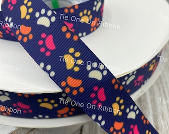 Dog Paw Prints On Blue Background Printed Grosgrain Ribbon - 7/8 - Inch - Sew - Craft - Decor - Party - Collar - Bow - Scrapbook