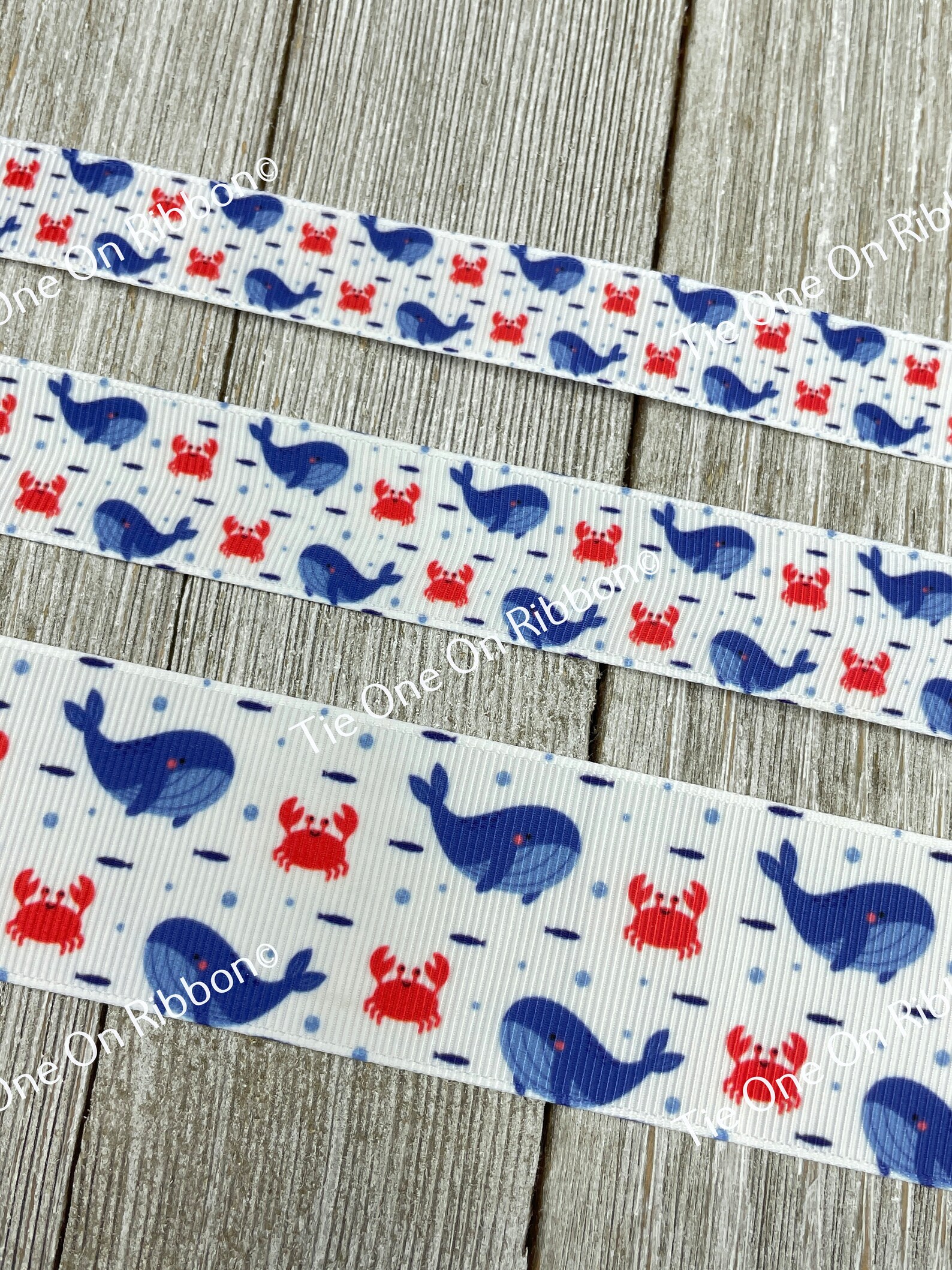 Blue Whale Red Crab Fish Ocean Sea Print Grosgrain Ribbon - 5/8